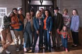 Derry Girls cast: (L-R) Orla Mccool (Louisa Clare Harland), (James Maguire (Dylan Llewellyn), Deirdre Mallon (Amelia Crowley), Clare Devlin (Nicola Coughlan), Sarah McCool (Kathy Kiera Clarke), Erin Quinn (Saoirse Monica Jackson), Michelle Mallon (Jamie-Lee O'Donnell), Mary Quinn (Tara Lynne O’Neill), Gerry Quinn (Tommy Tiernan), Cara (Darcey McNeeley), Granda Joe (Ian McElhinney), and Geraldine Devlin (Philippa Dunne).