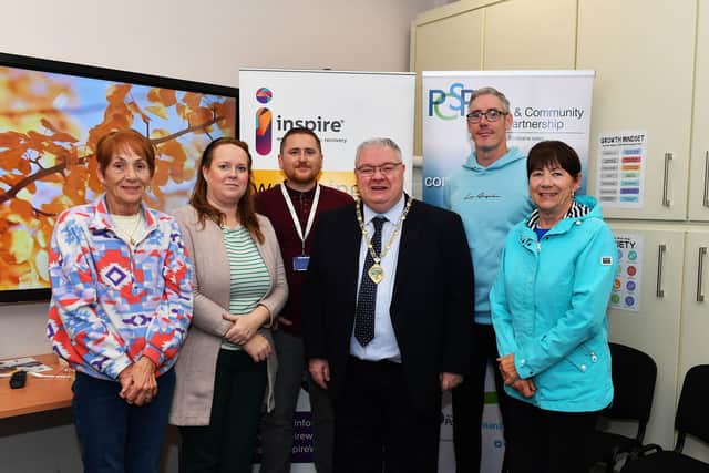 Group pictured at the Inspire for Wellbeing celebration of 35 years helping people with mental ill health, intellectual disability, autism and addictions in the Derry area. From left are, Bridget Curran, Michelle Allen, Dr Gary Doherty, Deputy Mayor Darren Guy, Thomas Campbell and Mary Wells.  Inspire are also celebrating 65 years of supporting people in Northern Ireland. Photo: George Sweeney
