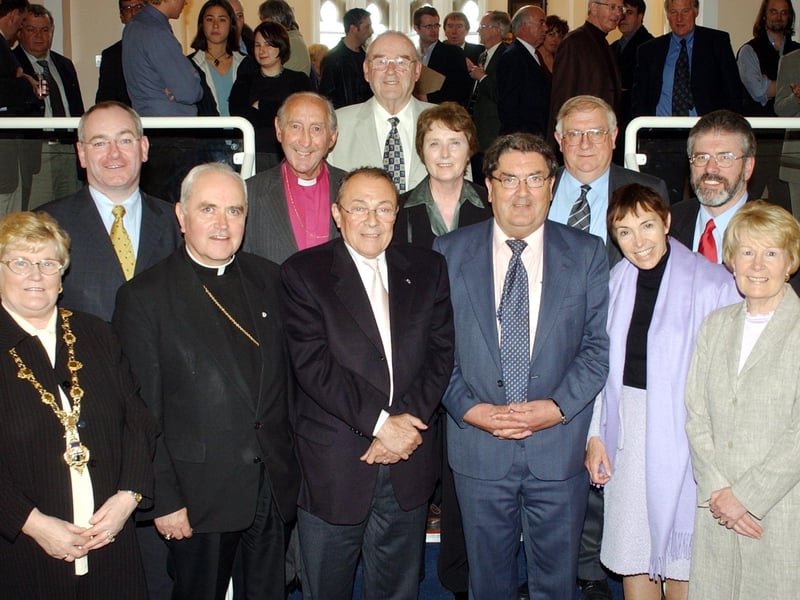 Group pictured at the Tip O'Neill Lecture at the University of UIster, Magee. Front, from left, are the Mayor Councillor Kathleen McCloskey, The Bishop of Derry, Most Rev. Dr. Seamus Hegarty, former French Prime Minister Monsieur Michel Rocard, guest speaker, Mr. John Hume, MP, MEP, Tip O'Neill chair, Madame Svivie Rocard and Pat Hume. 
Back from left are SDLP leader, Mr. Mark Durkan, Right Rev. Dr James Mehaffey, retired Bishop of Derry & Raphoe, Mr. Michael Canavan, founding member of SDLP, Mrs. Grace Frazer,  Mr. Tom Frazer, Magee provost, and Sinn Féin president, Mr. Gerry Adams, MP. (1305C41)