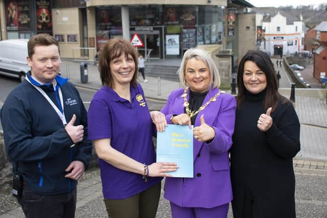 Paddy McDermott (Millennium Forum Front of House Manager), Ana María Valadez Peña (Makaton Tutor), Mayor of Derry/Strabane, Cllr Sandra Duffy, Lisa Heaney (Box Office & Access Manager, Millennium Forum)