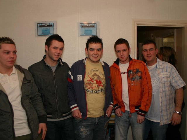 Left to right Conor, Jim, Davey, Daniel and Birthday boy Dermott O Donnell. 3569/dd : Parties in Derry in Spring 2006.