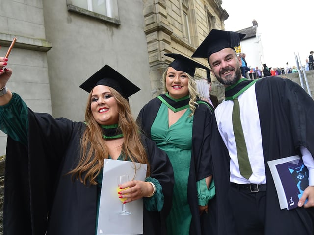 Kathleen McDonagh, Kerry McGarvey, Kevin Donnelly who graduated in Social work at Magee pictured during their graduation day.