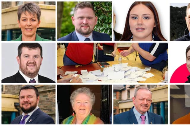 Candidates standing in the Derg ward in alphabetical order: Top row: Caroline Devine (Sinn Féin), Steven Edwards (SDLP), Leza Marie Houston (Aontú), Derek Hussey (UUP). Middle row: Keith Kerrigan (DUP), Adam McGinley (People Before Profit). Bottom row: Ruairí McHugh (Sinn Féin), Annie Murray (Alliance Party), Antaine Ó Fearghail (Sinn Féin), Andy Patton (Independent).