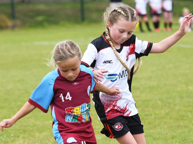 Action from the Girls under-10's match between Omagh Town and Tummery Athletic during the O'Neills Foyle Cup at the Shared Village Centre.