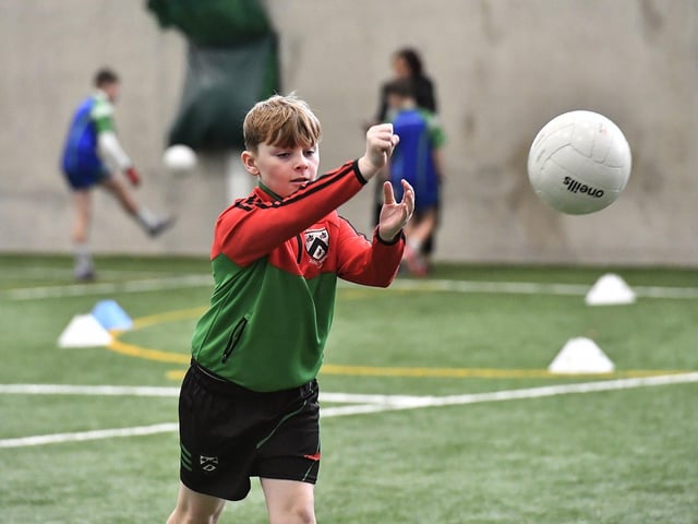 Primary School pupil taking part in the Cumann na mBunscoil skills test at Sean Dolans GAC on Friday. Photo: George Sweeney