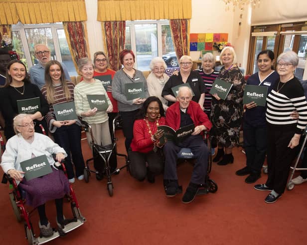 'REFLECTIONS' BOOK LAUNCH AT LONGFIELD CARE HOME. . . .The Mayor of Derry City and Strabane District Council, Lilian Seenoi-Barr pictured at Longfield Care Home, Eglinton on Friday last to launch a new book celebrating the nostalgic memories of residents at the care home as part of Reflections, an Arts and Older People project funded by the Arts Council of Northern Ireland. Included are care home resident and staff and some of those involved in the design and production of the book. (Photos: Jim McCafferty Photography)