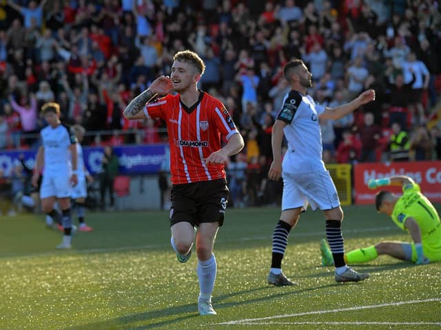 Derry City’s Jamie McGonigle celebrates his first-half goal against Sligo Rovers.  Photo: George Sweeney. DER2327GS –  023