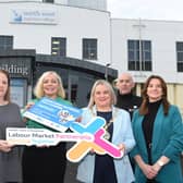 The Mayor of Derry and Strabane District Council Sandra Duffy pictured at North West Regional College, with, from left: Kathleen McCaul, Head of Business and Professional Services at NWRC, Aoife Curran, Marketing Officer, NWRC's Business Support Centre, Nicky Gilleece, Labour Market Partnership Manager, Sinead Hawkins, NWRC Business Development Manager, John Cartin, Deputy Head of Training and Skills at NWRC and Sinead Milligan, NWRC Business Development Executive. (Picture Martin Mckeown)