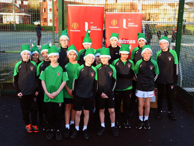 SANTA'S RUN. . . . .Students from St. Joseph's Boys School who took part in the Manchester United Foundation's Santa's Run at Magee College on Tuesday morning last. From left are Benjamin, Caolan, Kayden, Caolan, Oisin, John, Tiernan, Rory, Ronan, Brandon, Calvin, Luke, Patrick, Jake and Shane. (Photos: Jim McCafferty Photography)