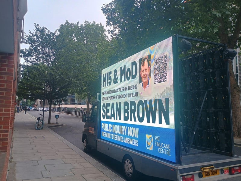 A billboard drawing attention to the Sean Brown campaign has been circulating in central London this week.