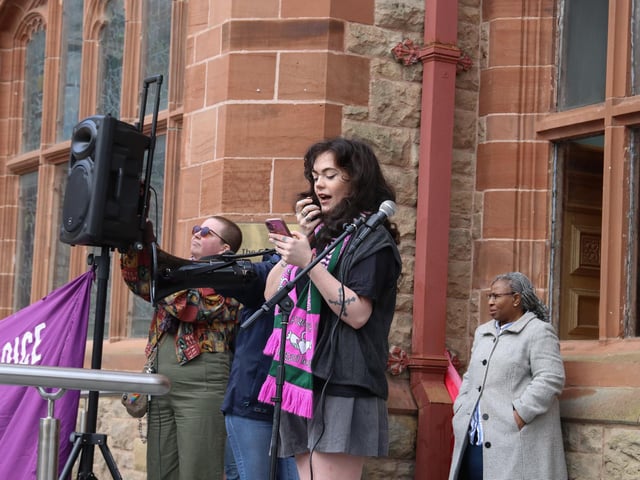 Sophia McFeely, Alliance for Choice speaking at the rally in Guildhall Square. (Photo - Deirdre Heaney, nwpresspics)
