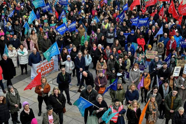 Teachers' unions members and supporters hold a strike rally in Guildhall Square on Tuesday morning. Photo: George Sweeney. DER2308GS 65