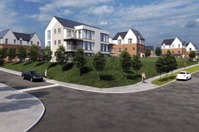 A 3D image and view of a proposed apartment building that is due to be developed in Upper Galliagh after councillors backed  a Reserved Matters Application for 169 dwellings – 22 detached, 110 semi-detached, 24 apartments and 13 townhouses