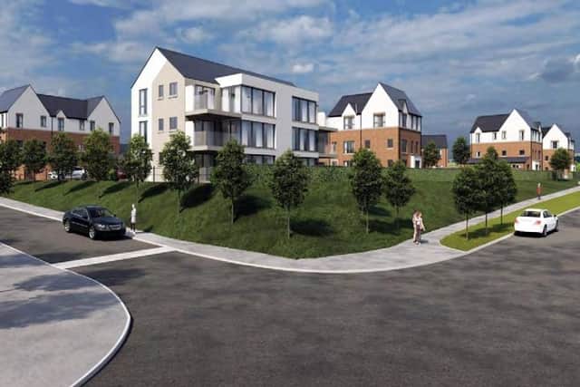 A 3D image and view of a proposed apartment building that is due to be developed in Upper Galliagh after councillors backed a Reserved Matters Application for 169 dwellings – 22 detached, 110 semi-detached, 24 apartments and 13 townhouses