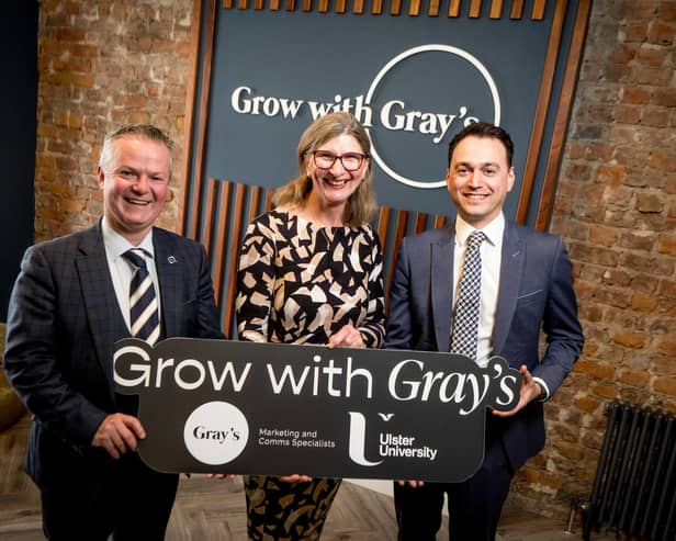 Pictured (L-R) at the offices of Gray's Marketing and Comms Specialists: Malachy O'Neill, Director of Regional Engagement, Ulster University, Professor Louise Dubras, Foundation Dean of the School of Medicine, Ulster University, Chris Gray, CEO, Gray's Marketing and Comms Specialists.