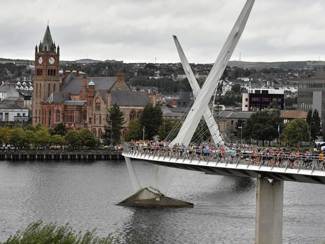 Competitors in the Waterside Half Marathon make their way over the Peace Bridge.  Photo: George Sweeney