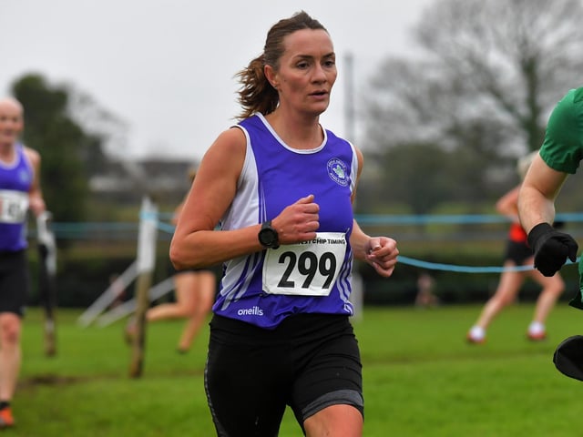 Foyle Valley’s Dolores Quinn competing in the Spartans open cross country 6k race at Thornhill College on Saturday. Photo: George Sweeney