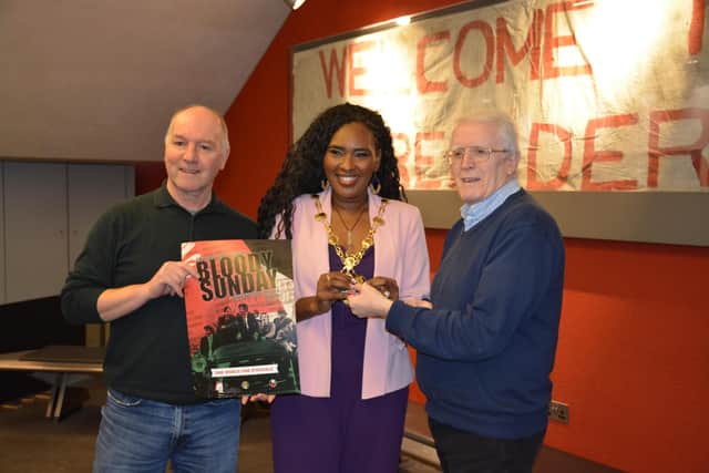 L-R: Tony Doherty, chair of the Bloody Sunday Trust, Mayor Lilian Seenoi Barr and John Kelly.