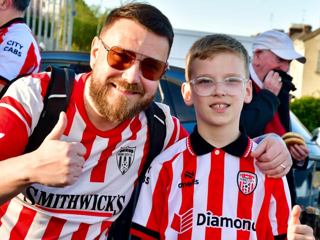 These Derry City fans are enjoying the occasion at Celtic Park. Photo by Kevin Morrison.