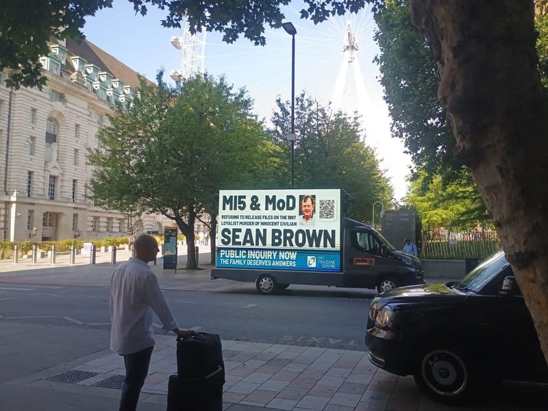 A billboard drawing attention to the Sean Brown campaign has been circulating in central London this week.