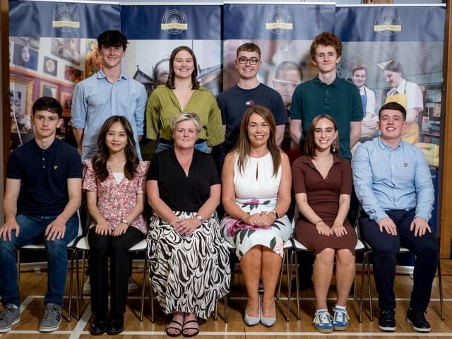 Students who attained an outstanding 3A* or 4 A* grades in their A2 examinations with Mrs Edel Moore (Chairperson, Board of Governors) & Mrs Siobhan McCauley (Principal)