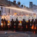 Police in Ballymena during a third consecutive night of unrest. Photo by Press Eye