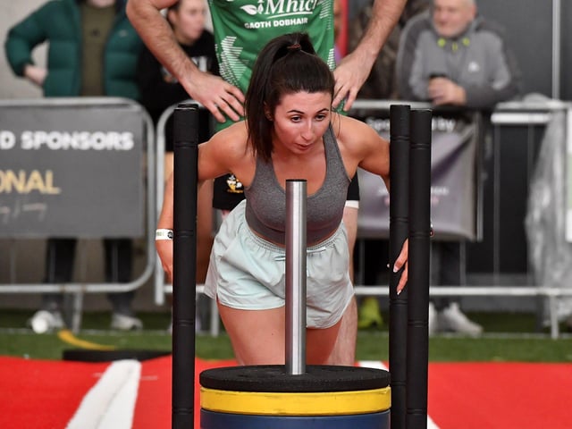 Competitor takes part in ‘Sled Push’ during the Maiden City Hyrox V Fitness Challenge held at Sean Dolans GAC on Saturday. Photograph: George Sweeney