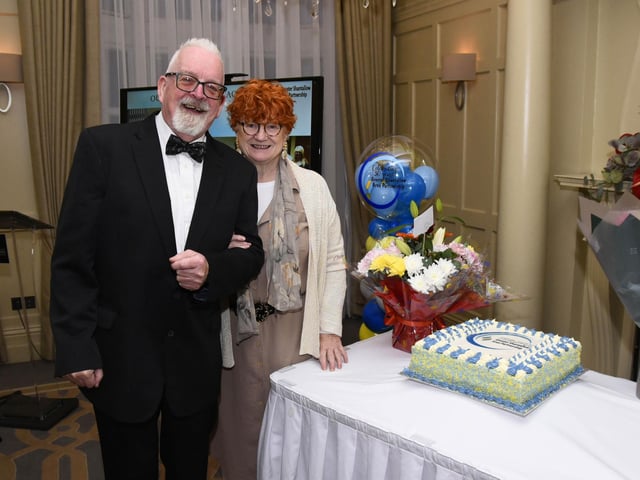 Greater Shantallow Area Partnership's founding member Charlie McDaid is pictured with his wife Anne at the group's 30th anniversary celebrations in Bishop's Gate Hotel on Friday last. : .