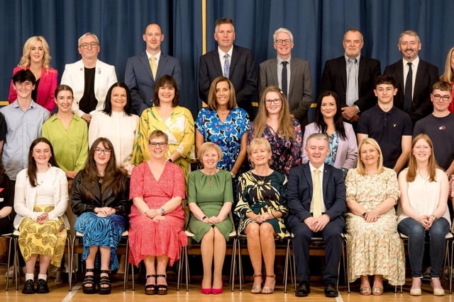 Pupils who received 1st Place in Subject at A2 Level pictured with Heads of Department, Ms Lorraine Griffin (School Leadership Team), Dr Marie Ferris (Vice Principal), Mrs Jacinta Bradley (Board of Governors), Dr Michael Gormley (Senior Teacher).