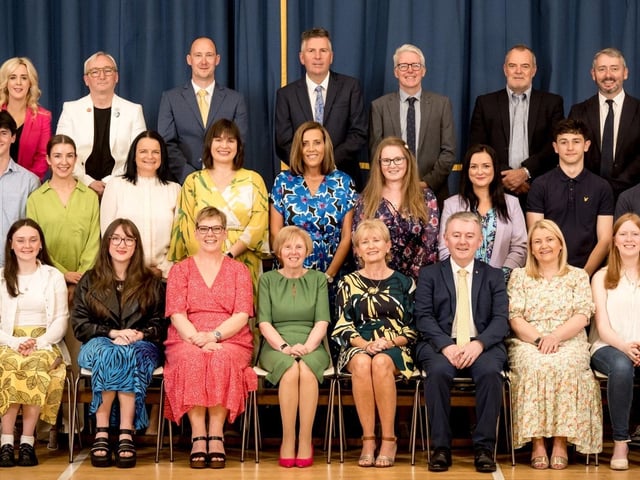 Pupils who received 1st Place in Subject at A2 Level pictured with Heads of Department, Ms Lorraine Griffin (School Leadership Team), Dr Marie Ferris (Vice Principal), Mrs Jacinta Bradley (Board of Governors), Dr Michael Gormley (Senior Teacher).