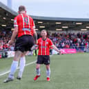 Jamie McGonigle and Mark Connolly celebrate scoring in the FAI Cup semi-final against Shamrock Rovers.