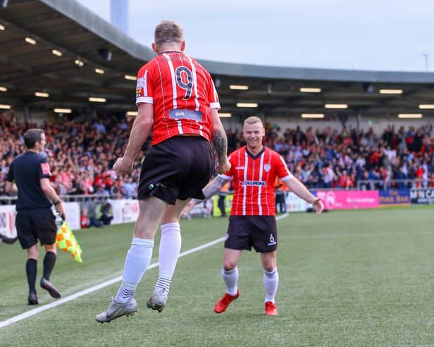 Jamie McGonigle and Mark Connolly celebrate scoring in the FAI Cup semi-final against Shamrock Rovers.