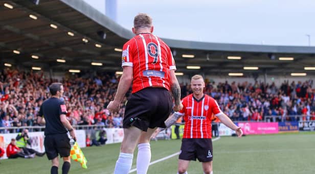 Jamie McGonigle and Mark Connolly celebrate scoring in the FAI Cup semi-final against Shamrock Rovers.
