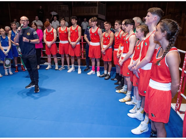 Anto Donnelly President of the IABA addreses the boxers and the audience at the Guildhall in Derry for the international night of boxing