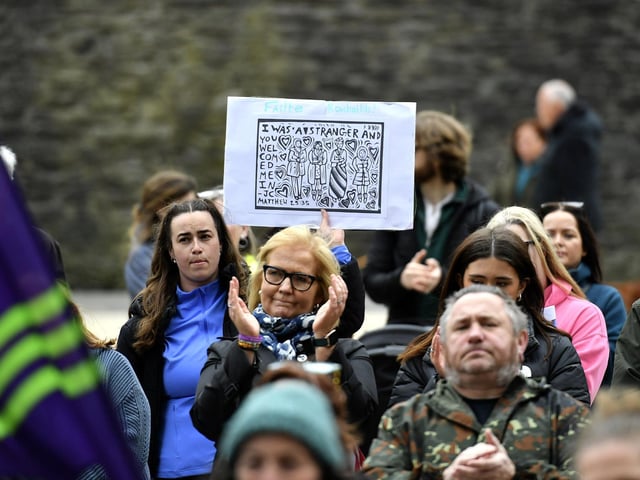 Placard carried at the Celebration of Migrant Workers rally held in Guildhall Square on Sunday afternoon. Photo: George Sweeney