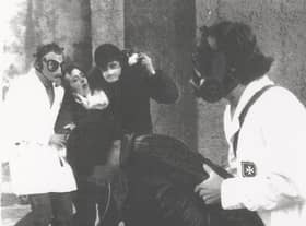 “I saw two casualties who had collapsed from the effects of CS Gas. I escorted these casualties, together with Jim Norris, a fellow Knight of Malta, to the Rossville Flats car park…” Noel McLoone. Photo Colman Doyle (via Museum of Free Derry)