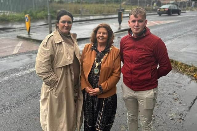 Councillor Aisling Hutton, Councillor Patricia Logue and Foyle MLA Pádraig Delargy at Foyle Road.