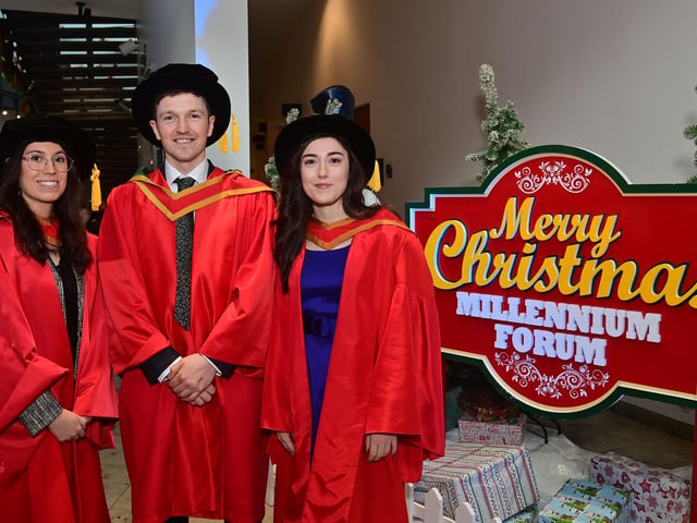Pacemaker Press 13/12/22
From L-R Vanessa Milla from France , Owen Connolly from Cookstown and Christina Vasilopoulou from Greece ,Who graduatedSchool of Medicine at the Ulster University graduation in the Millennium Forum in Derry on Tuesday.
Pic Pacemaker:.