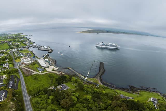The Seabourn Ovation at Greencastle on Friday, the first of 15 cruise ships to arrive in the north west this season.