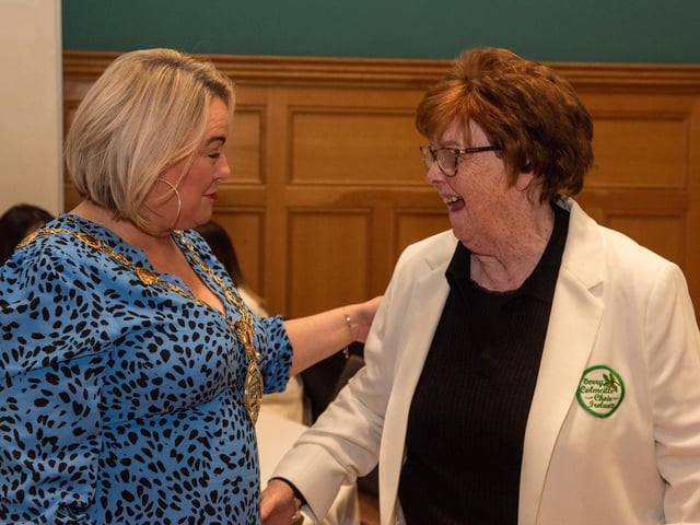 The Mayor Councillor Sandra Duffy welcomed the members of Colmcille Ladies Choir to a reception in the Guildhall as they mark their 50th Anniversary. Picture Martin McKeown. 20.01.23:.