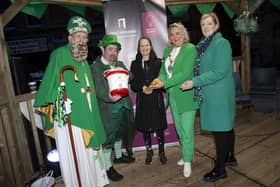 MAYOR’S CHARITY BUSK. . . . The Mayor, Sandra Duffy pictured with Jacqueline McEleney and Dianne Thomas, Fundraising/Support Workers, First Housing Support Services during the start of Friday’s 24 Hours Charity Busk in Guildhall Square on St. Patrick’s Day. (Photos: Jim McCafferty Photography)