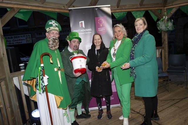 MAYOR’S CHARITY BUSK. . . . The Mayor, Sandra Duffy pictured with Jacqueline McEleney and Dianne Thomas, Fundraising/Support Workers, First Housing Support Services during the start of Friday’s 24 Hours Charity Busk in Guildhall Square on St. Patrick’s Day. (Photos: Jim McCafferty Photography)