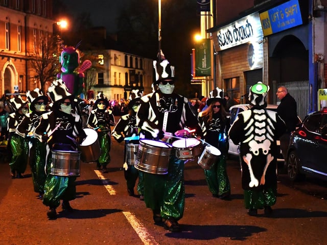 The ‘Carnival of the Dead’ Halloween parade makes its way along Strand Road. Photo: George Sweeney