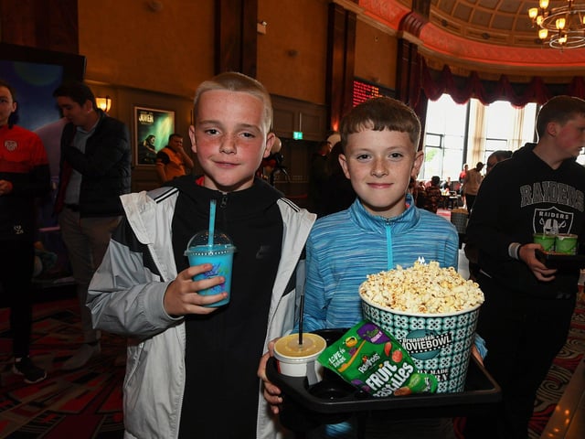 Derry City fans pictured at the Brunswick Moviebowl ahead of the live screening of the candystripes’ Europe Conference League away to FCB Magpies on Thursday evening. Photo: George Sweeney