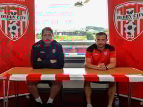 New signing Paul McMullan pictured with Derry City manager Ruaidhri Higgins. Photo: George Sweeney. DER2326GS – 001