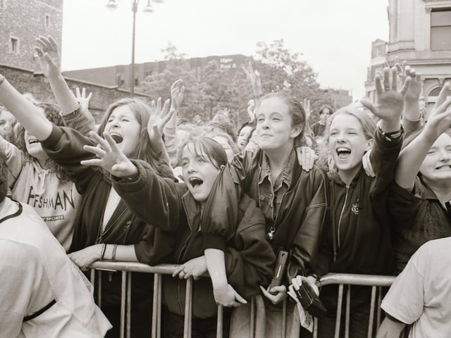 Ecstatic fans enjoying the BBC Radio 1 roadshow in 1993.