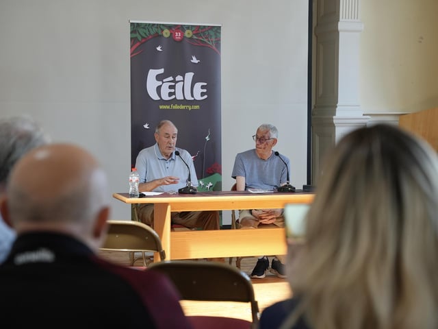Mitchel McLaughlin and Paul Gosling during a discussion of Mr. Gosling's book 'A New Ireland - Five Year Review'.