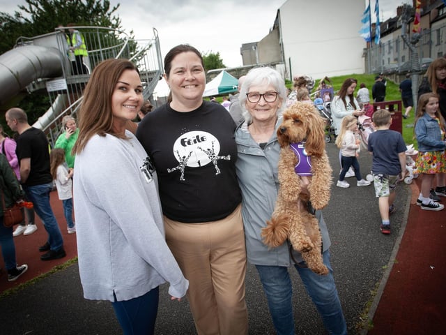Maureen Collins (centre) and friends enjoying festivities at the Feile 23 event in Abercorn Park on Wednesday. (Photos: JIm McCafferty Photography):.