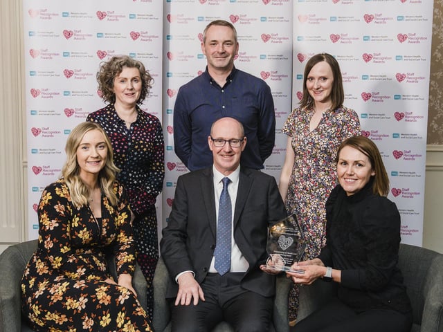 Championing Our Health and Wellbeing Award Winner is Dr Mary Dooher and the Clinical Health Psychology Team, (Trustwide) pictured with Neil Guckian, Chief Executive, Western Trust.