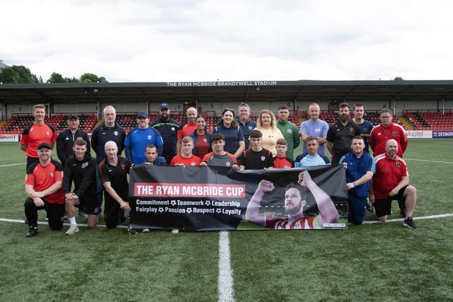 Organisers, Feile officials, coaches and referees pictured at the Ryan McBride Brandywell Stadium on Wednesday for the youth tournament held in honour of the late Derry City captain. The event is part of Feile 23. (Photos: Jim McCafferty Photography)